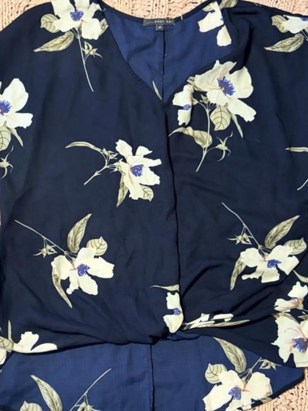 West Kei Navy Floral Knot-Front Blouse - Picture 2 of 4
